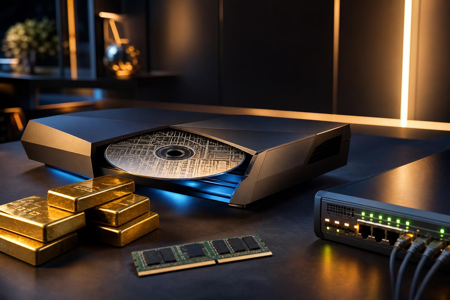 Eine futuristische Spielkonsole mit geöffnetem Fach, aus dem eine silberne Disk mit abstraktem Stadtnetz hervorschaut, steht