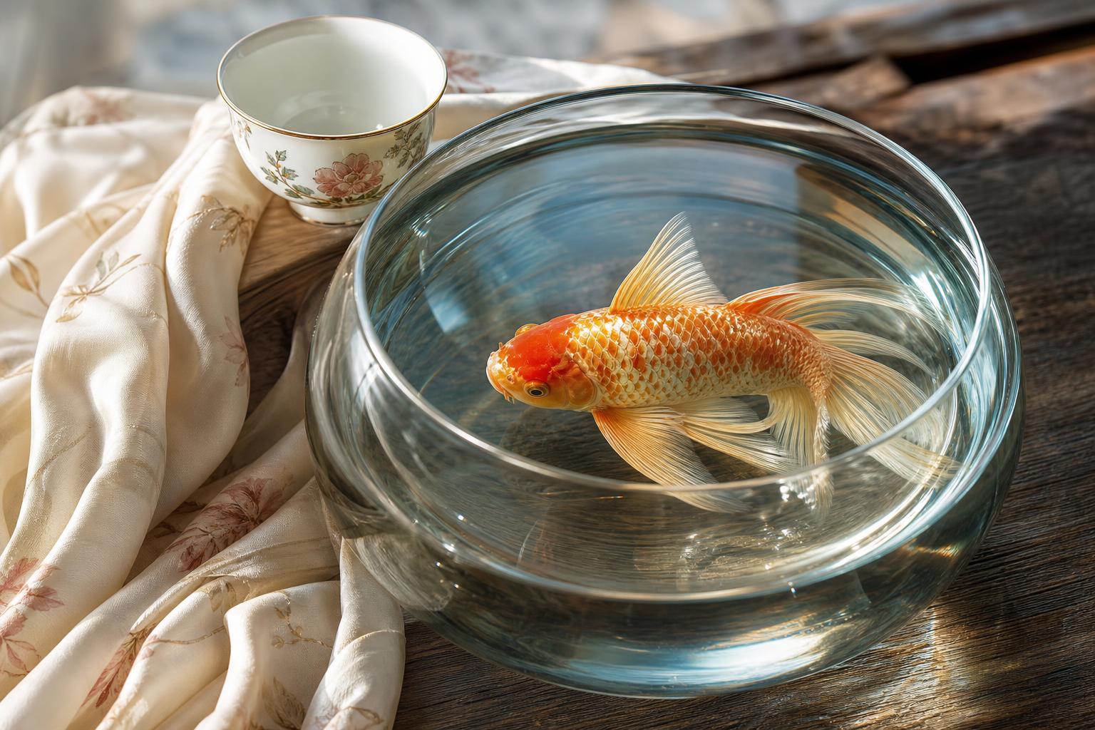 Ein prächtiger, schimmernder Koi schwimmt in einem klaren Glasbecken, umgeben von einer filigranen Porzanteetasse und einem