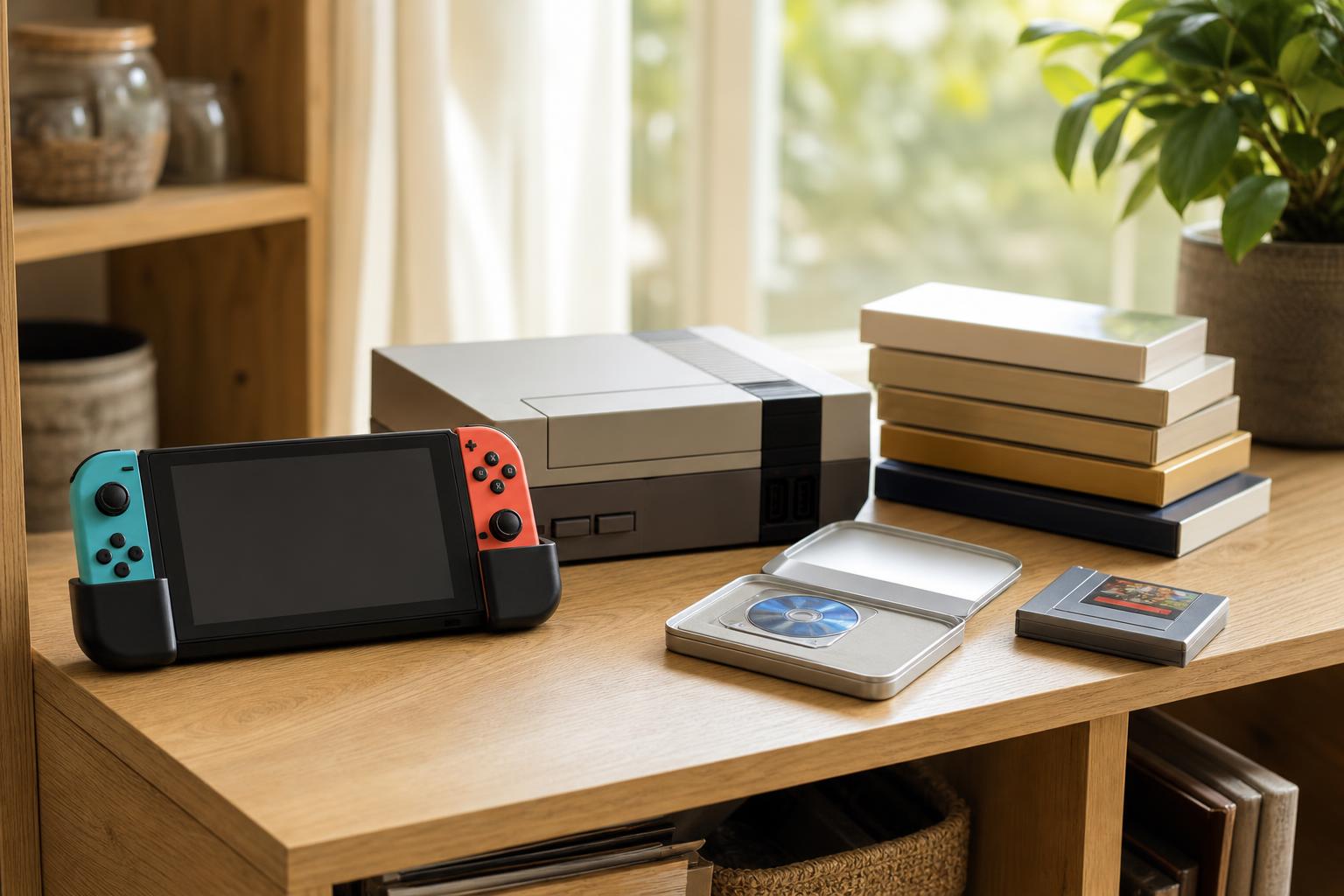 Ein modernes Hybrid-Gaming-Gerät steht neben einem klassischen Konsolengerät auf einem hellen Holzregal, mit geöffnetem