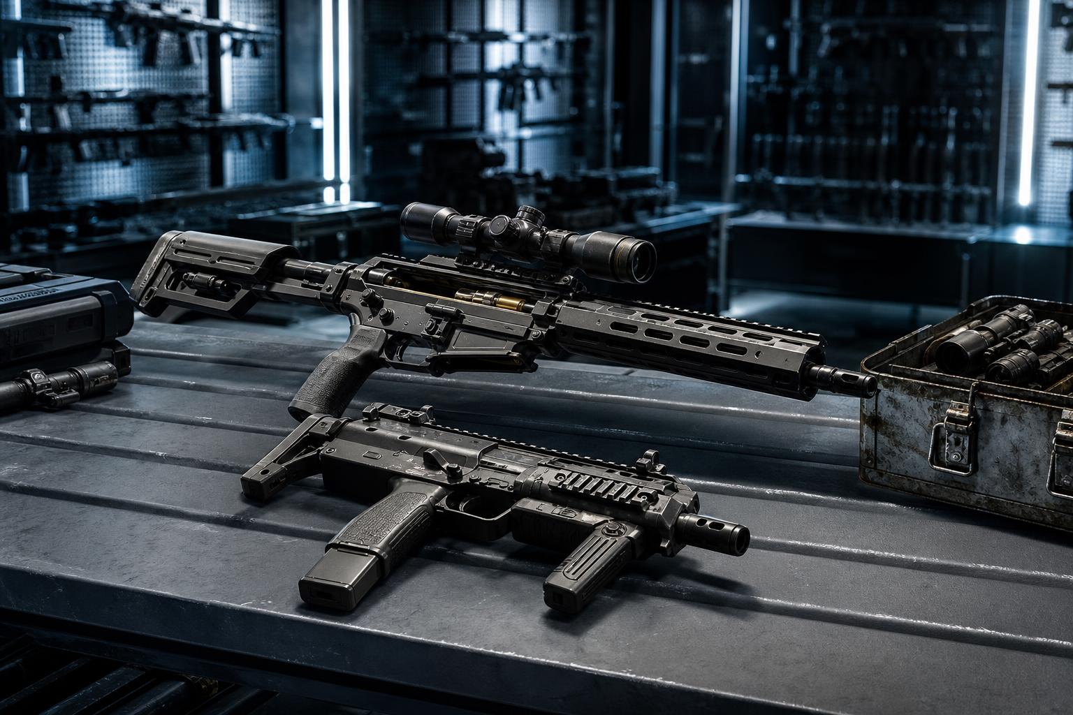 Ein Sturmgewehr mit Zielfernrohr und eine Maschinenpistole liegen auf einer Schießstand-Platte neben einer Metallkiste in