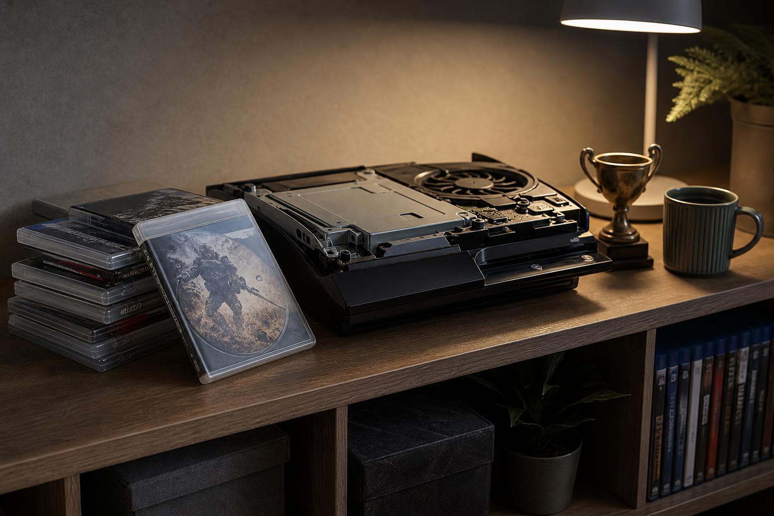 Geöffnete schwarze PS5-Konsole mit geöffnetem Laufwerk, Stapel von Blu-Ray-Discs, Keramiktasse und bronzener Pokal auf