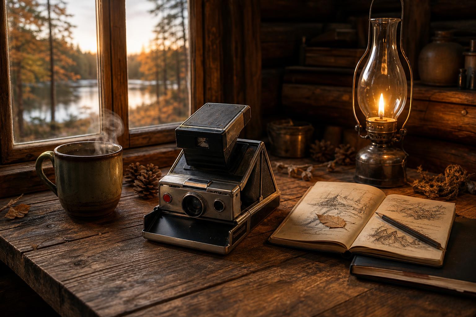 Eine abgenutzte Polaroid-Kamera liegt auf einem Holztisch neben einem dampfenden Keramikbecher, einem offenen Notizbuch mit