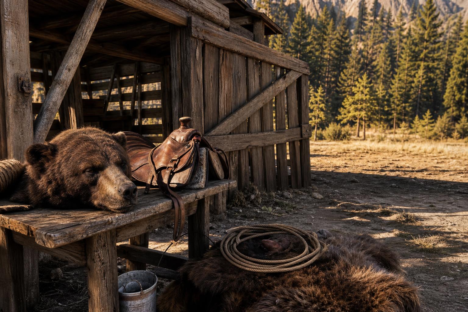 Ein schlafender Bär liegt neben einem Holzstativ mit Sattel und Lasso in einer staubigen Ebene vor hohen Kiefern.