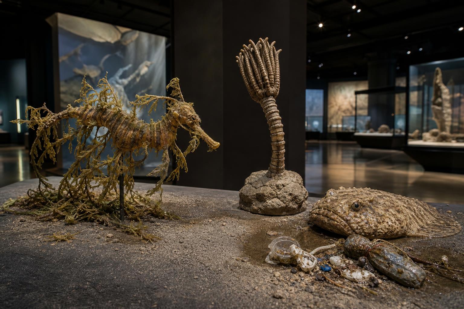 Ein Ausstellungsstück zeigt ein verkrümmtes Seepferdchen mit Algen, einen versteinerten Stiel und einen schlammfarbenen