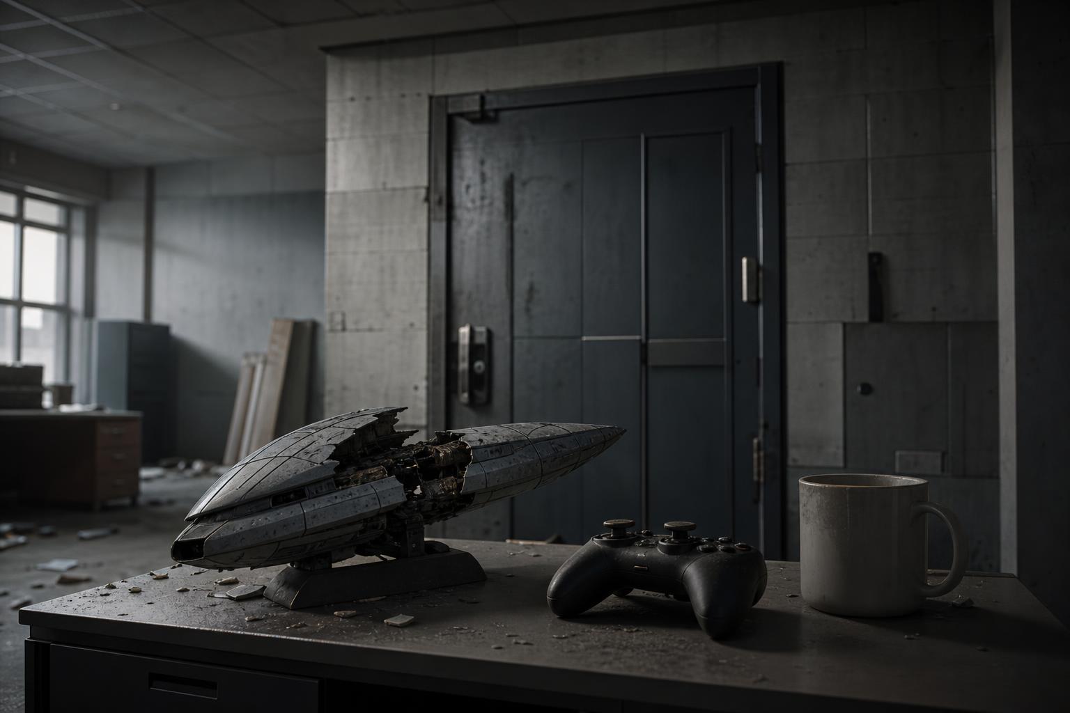 Ein verlassenes Büro mit einer zerbrochenen Mass-Effect-Raumschiff-Modell, einem verstaubten Game-Controller und einer Tasse