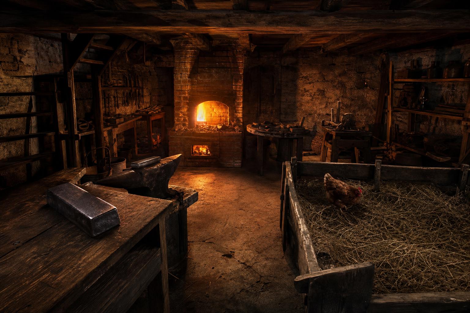 Ein verlassener Keller mit rustikaler Werkstatt, einem lodernden Backsteinofen, einem Amboss, einem Huhn im Stroh und