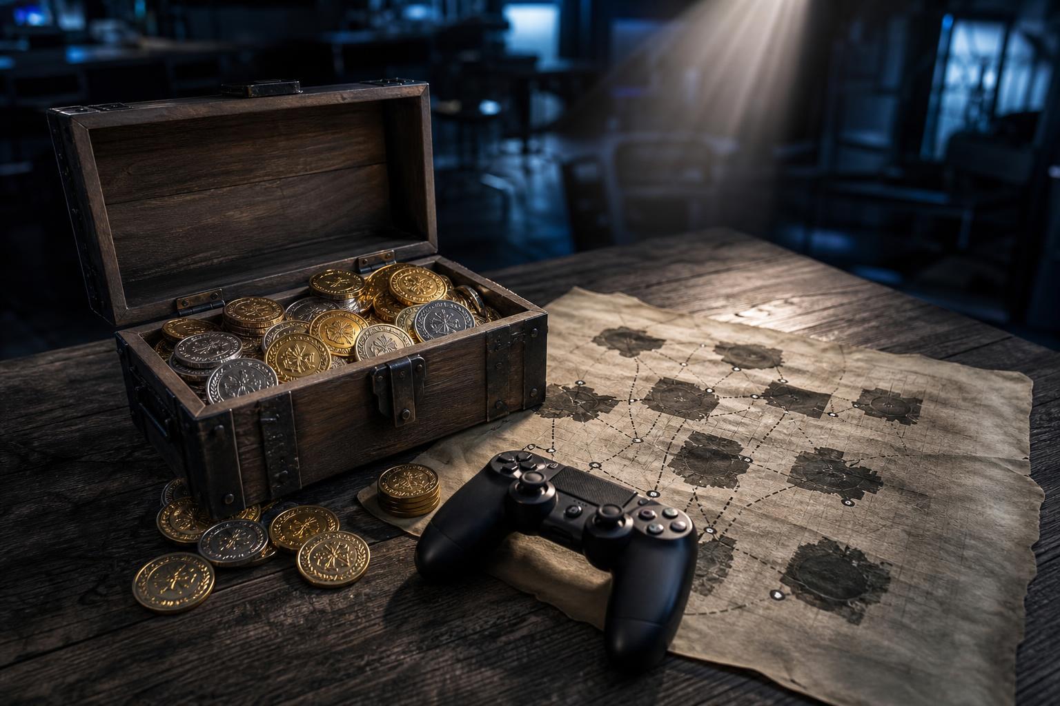 Ein geoffneter Holzkasten mit glänzenden Gold- und Silbermedaillen steht neben einem schwarzen Spiel-Controller auf einer