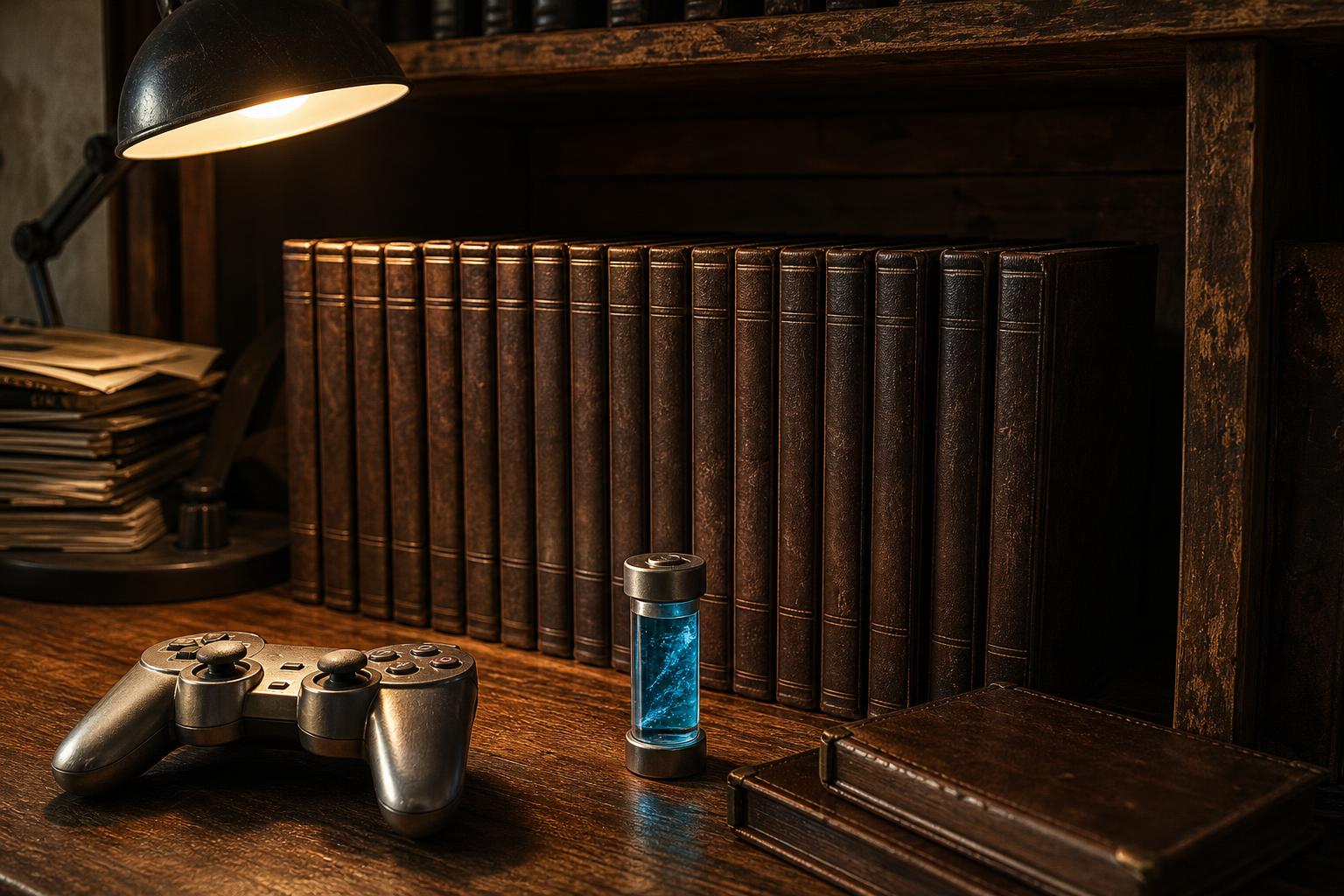 Ein altmodisches Regal mit braunen Lederbüchern steht neben einem silbernen Controller und einem Glasbehälter mit blauem