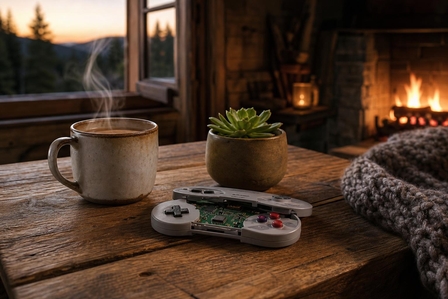 Ein geöffneter Retro-Controller liegt auf einem Holztisch neben einer dampfenden Tasse und einem Sukkulenten, während im