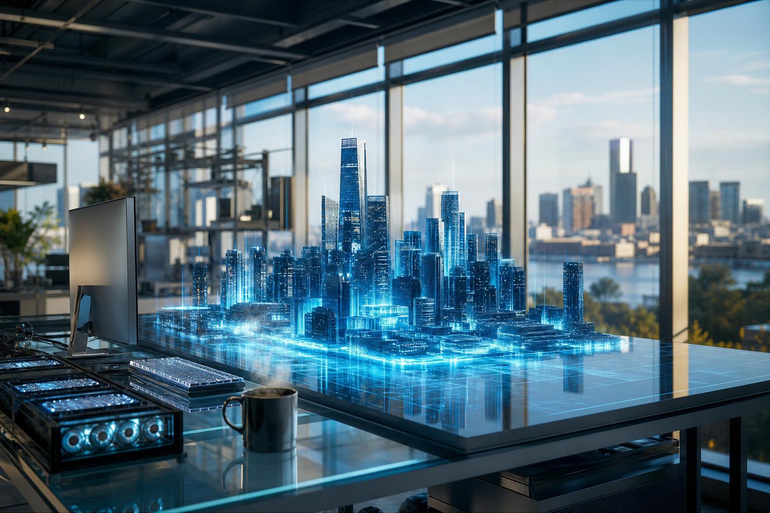 Ein holografisches Cyberpunk-Stadtmodell schwebt über einem Glas-Arbeitsplatz in einem modernen Studio mit