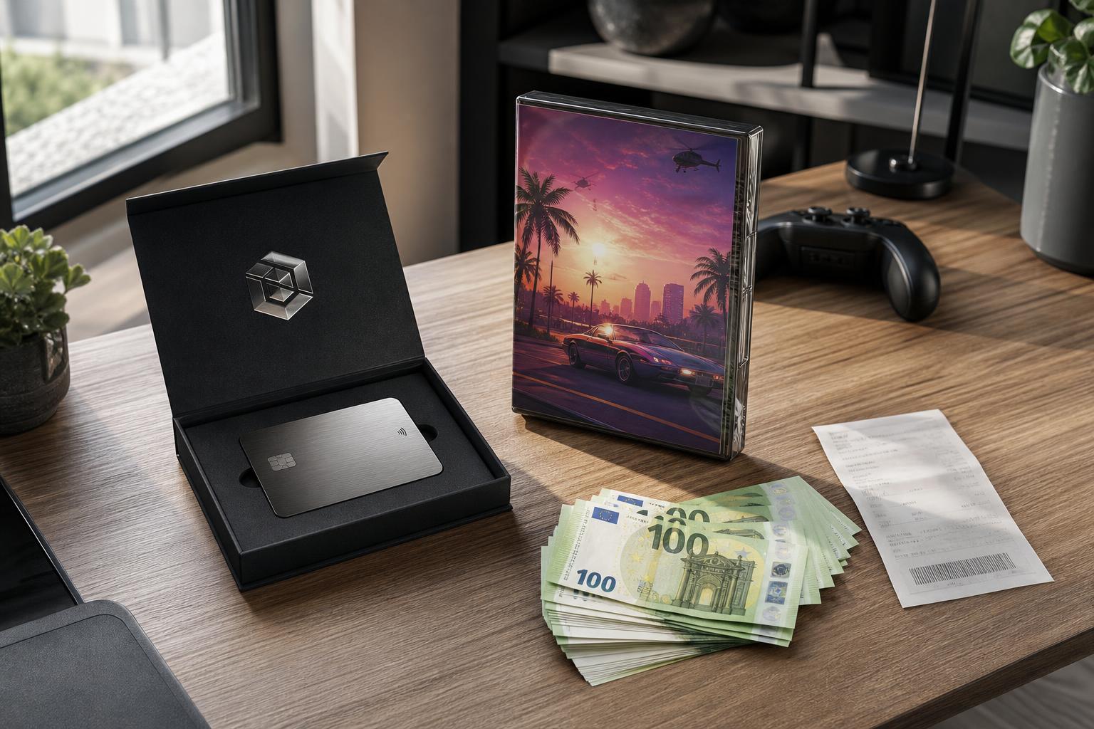 Eine matte schwarze Debitkarte in einer offenen Schachtel neben einem Stapel 100-Euro-Scheinen auf einem hellen