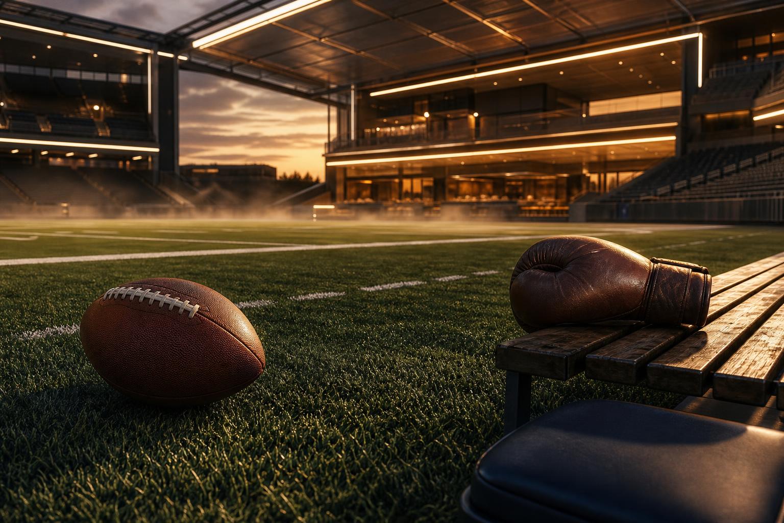 Ein Football liegt neben einem Boxhandschuh auf einem leeren Spielfeld, während das moderne Stadion im Hintergrund bei