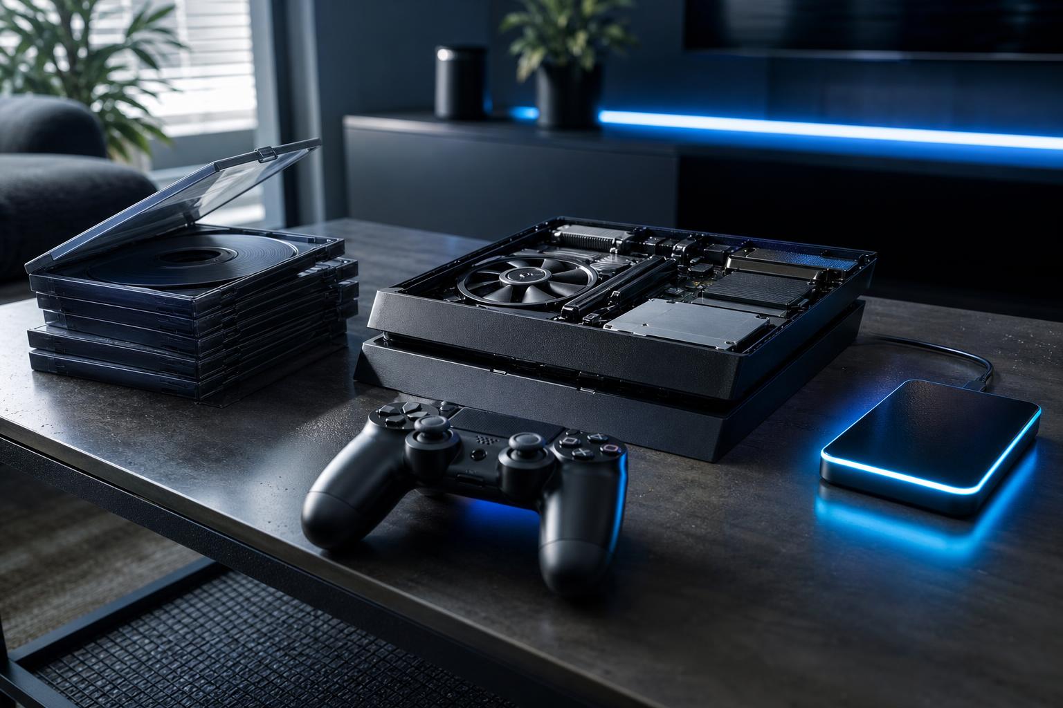 Eine geöffnete PlayStation-4-Konsole mit einem DualShock-Controller, physischen Spieledisketten und einer leuchtenden