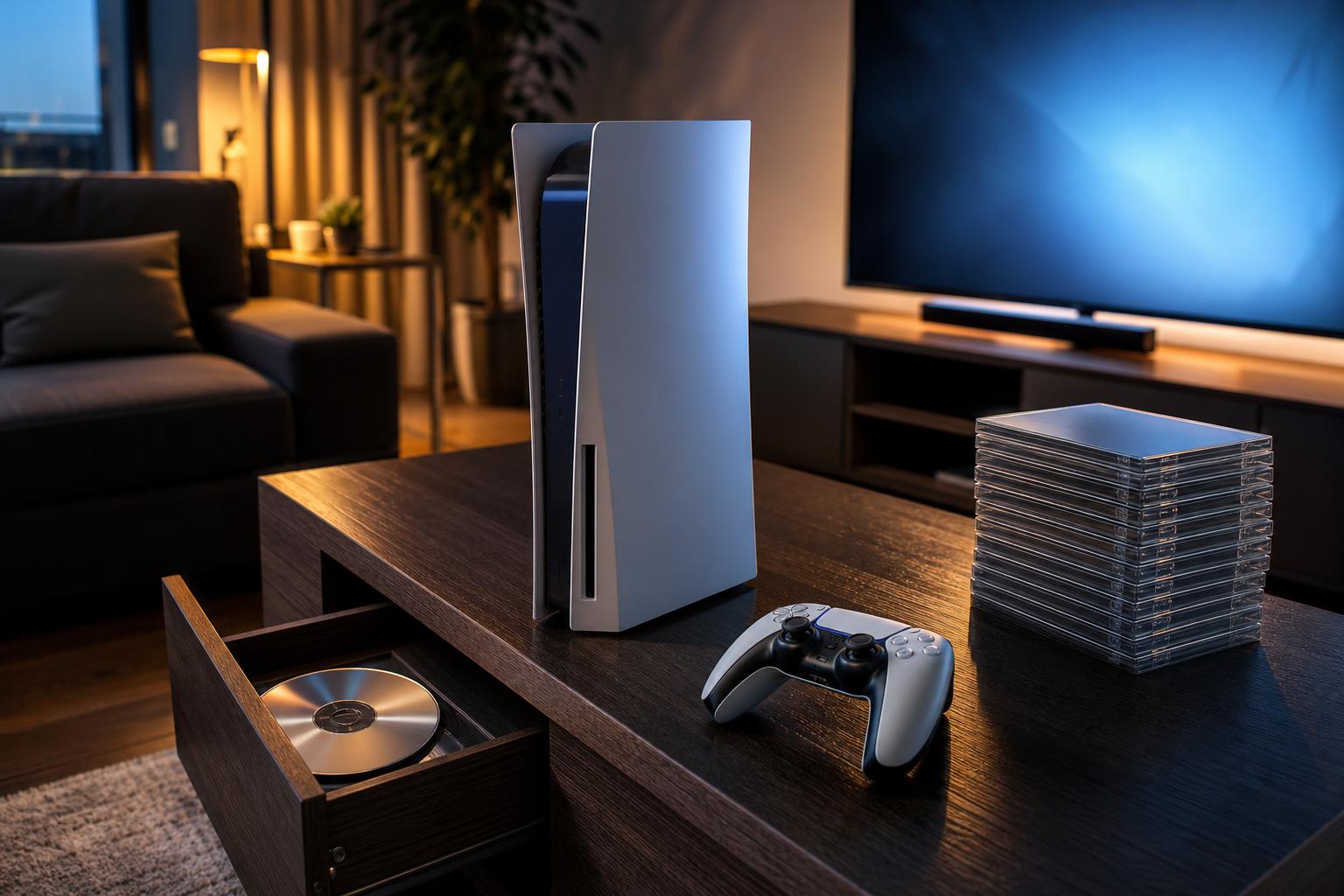 Eine PS5-Konsole steht auf einem Couchtisch mit einer geöffneten Schublade, die eine Blu-Ray-Disc enthält, neben einem