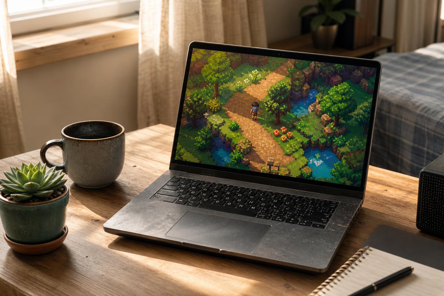 Ein Laptop zeigt ein farbenfrohes pixeliges Spiel auf einem Holzschreibtisch mit einer Tasse Kaffee und einem