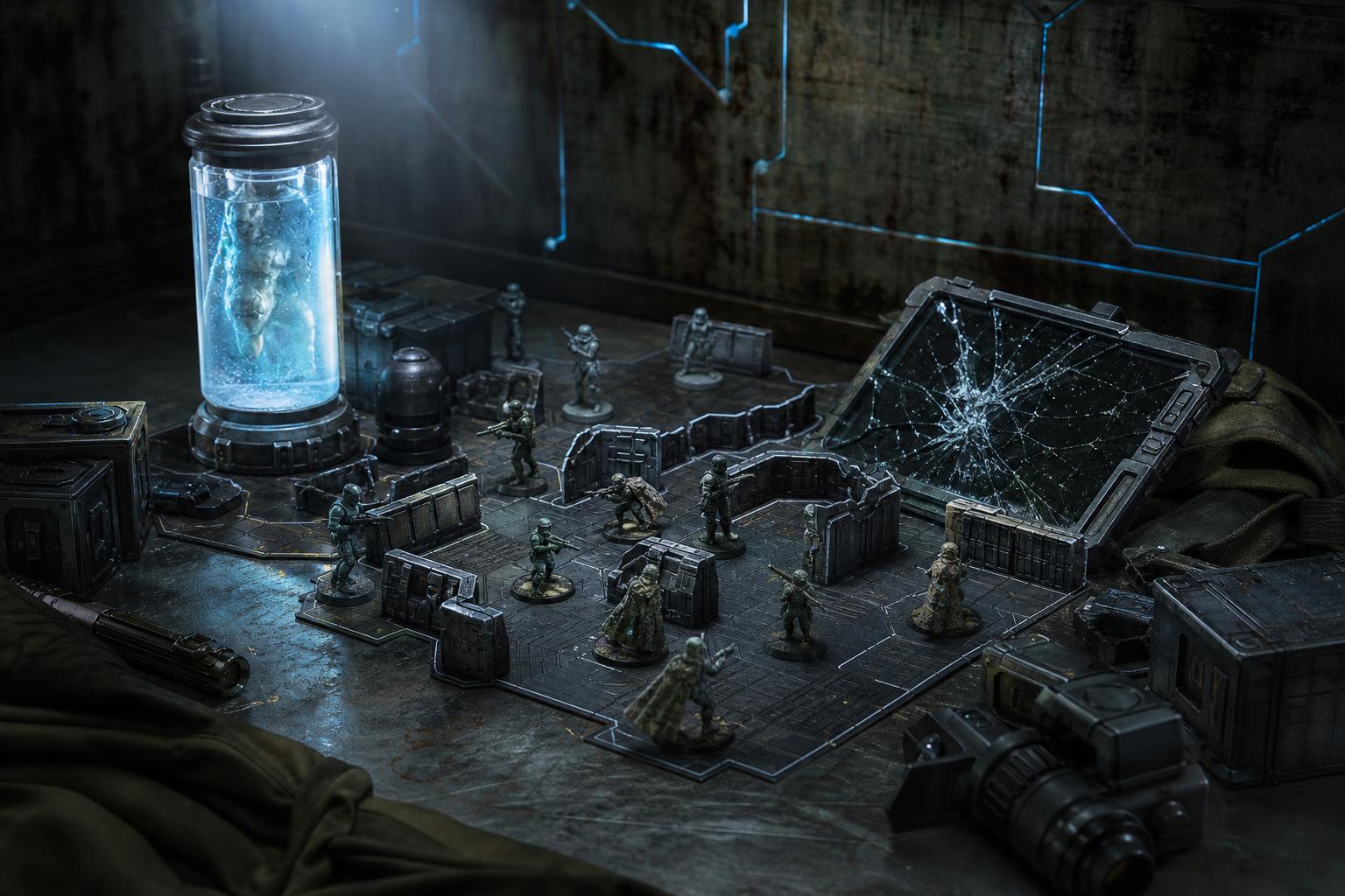 Eine detaillierte Star-Wars-Taktik-Map mit Miniaturfiguren, zerbrochenem Datenpanel und Bacta-Tank in einem dunklen,