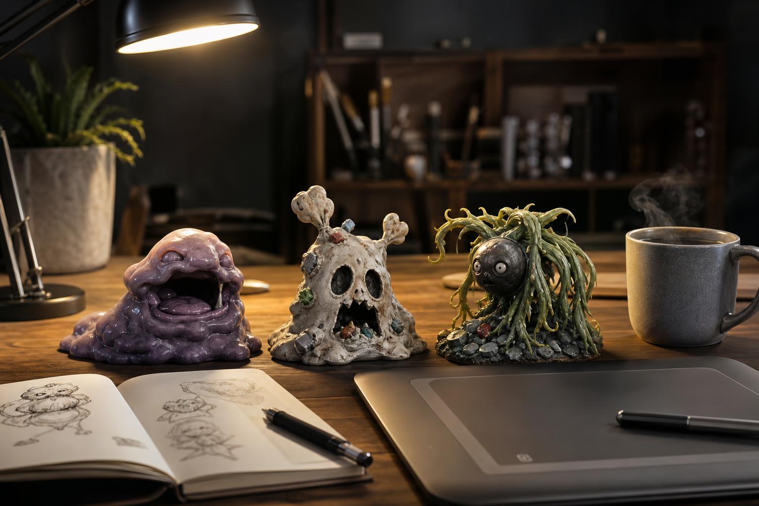 Drei detailgenaue Tonfiguren stehen auf einem Schreibtisch in einem Game-Studio-Arbeitsraum mit Zeichentablet, Skizzenbuch