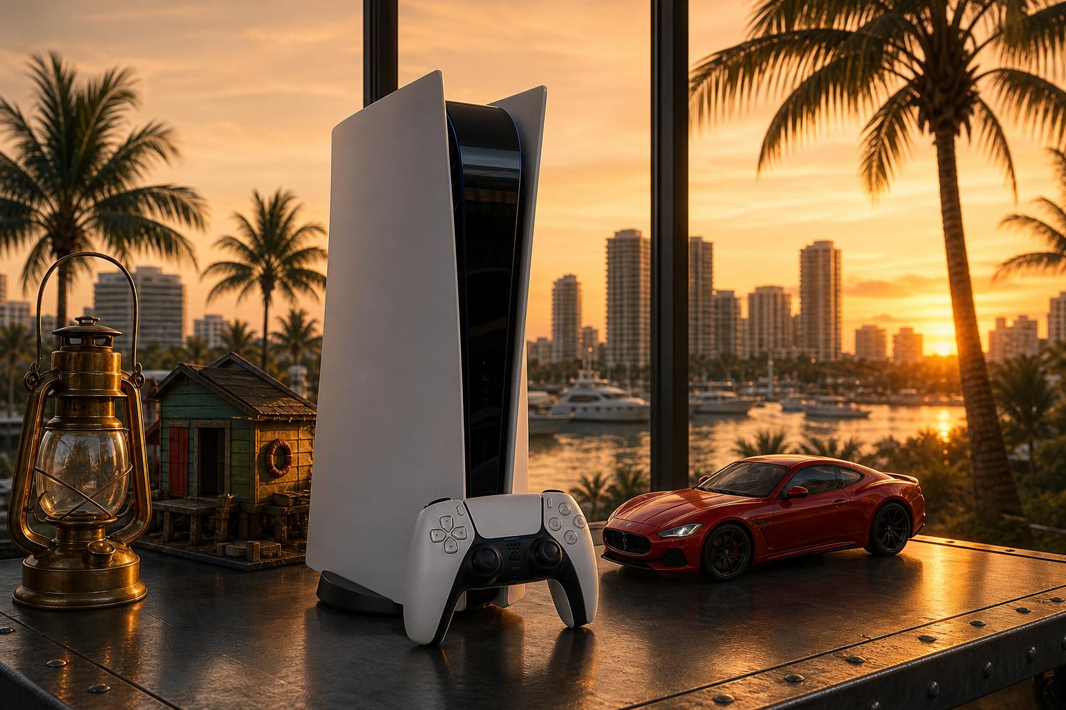 Eine PlayStation 5-Konsole mit Controller steht neben einem roten Sportwagen vor einer sonnenuntergangsfarbenen Marina mit