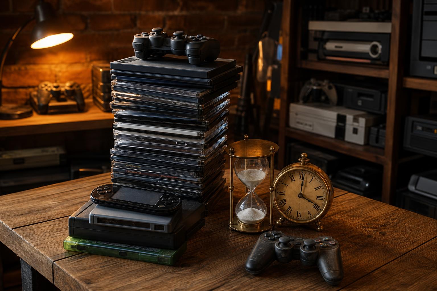 Ein Stapel von Videospiel-Discs und Konsolen liegt neben einer Sanduhr und einer antiken Uhr in einem beleuchteten Raum.