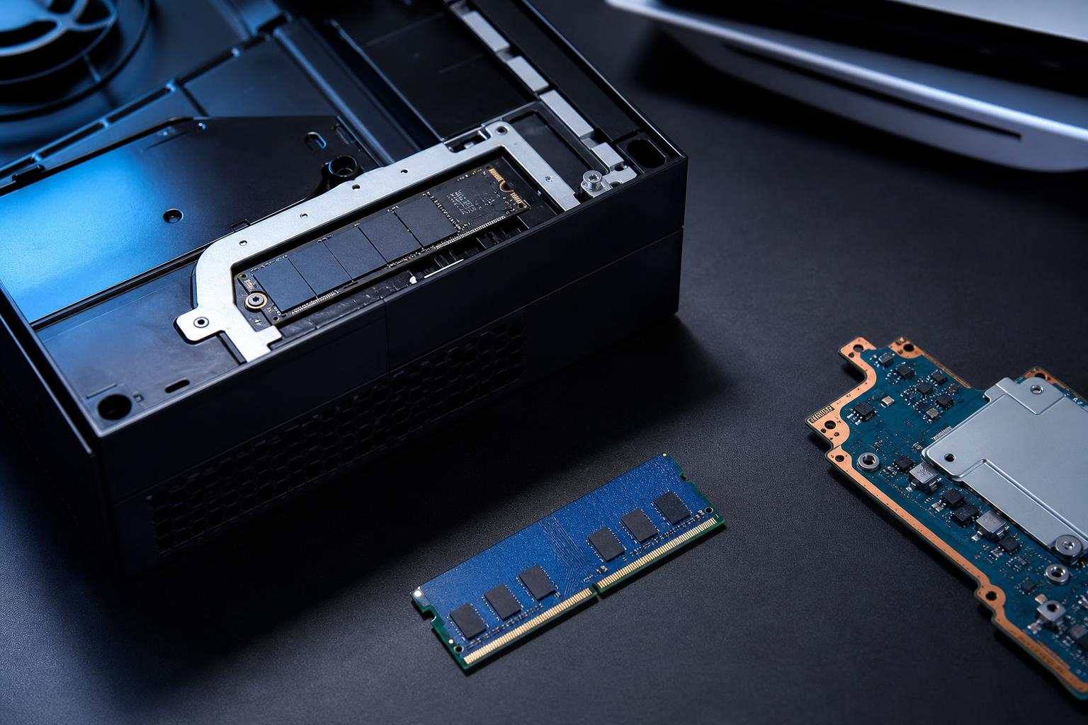 Geöffnetes Xbox Series X Gehäuse mit freigelegtem NVMe-SSD, blauem DRAM-Stick und PS5 Mainboard-Ausschnitt auf schwarzem