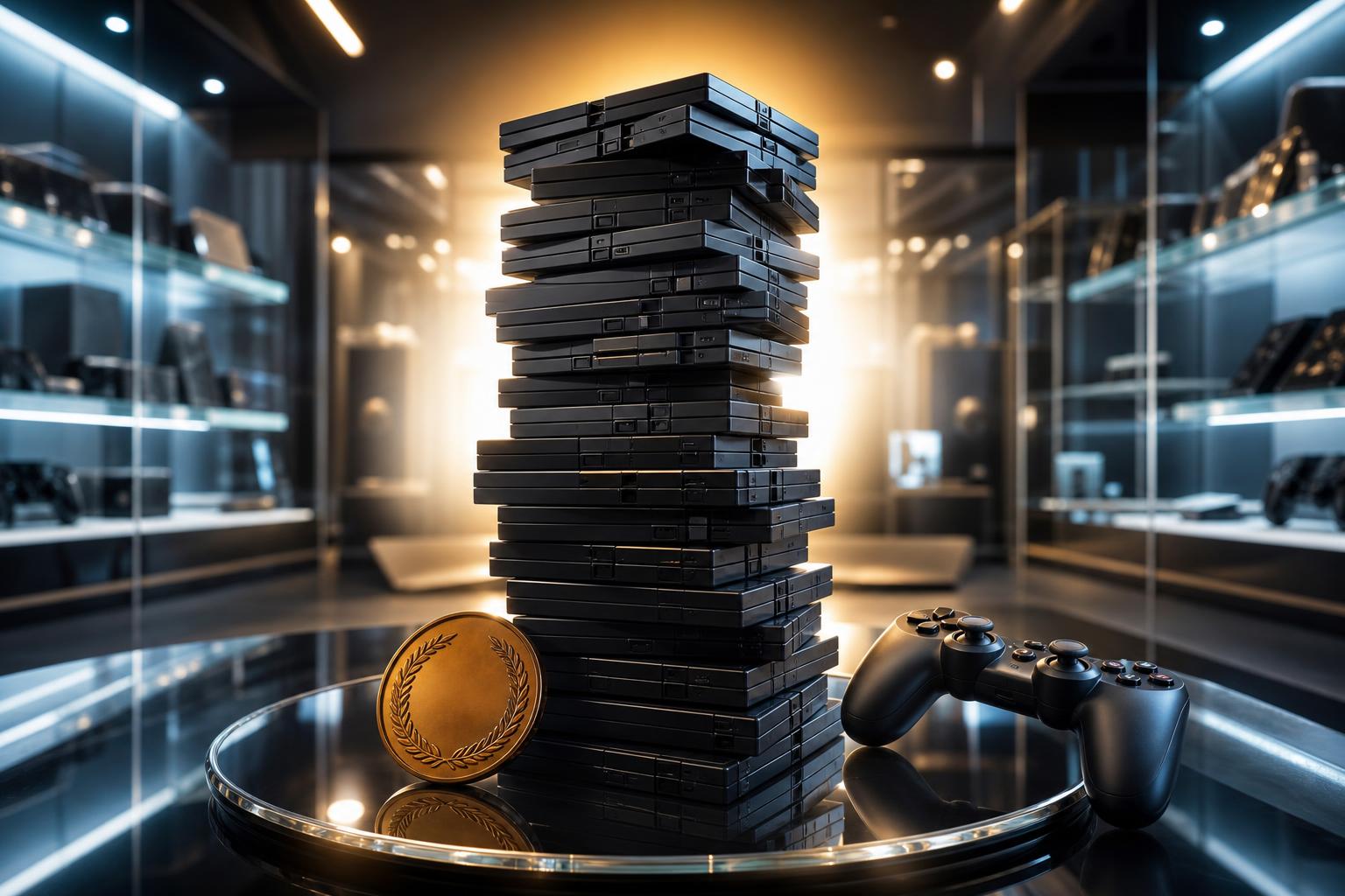 Ein Turm aus schwarzen Spielkassetten steht im Zentrum eines hell erleuchteten Elektronikausstellungsraums, begleitet von