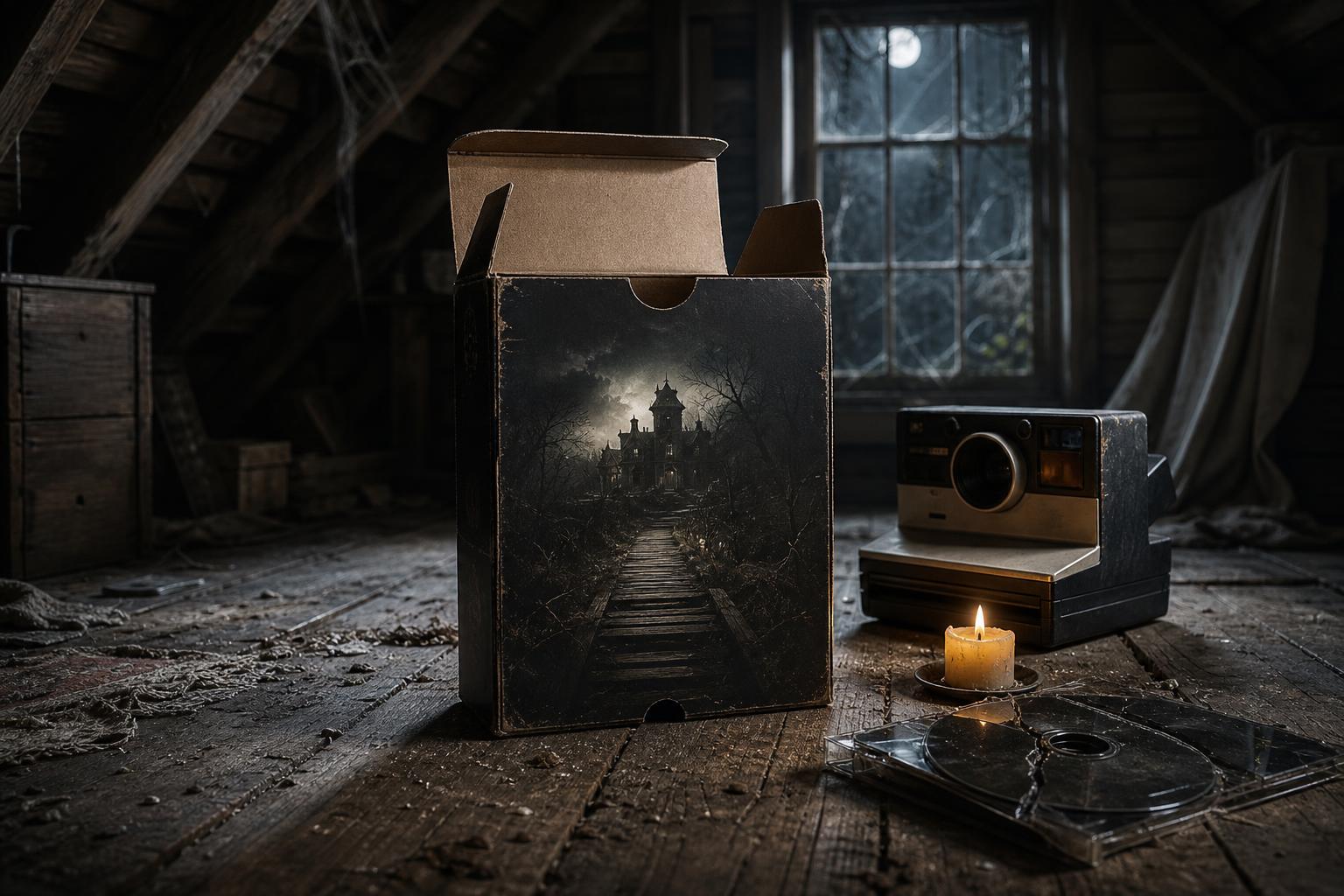 Ein abgenutzter Spielkarton liegt auf einem verlassenen Dachboden neben einer alten Polaroid-Kamera und einer Kerze.