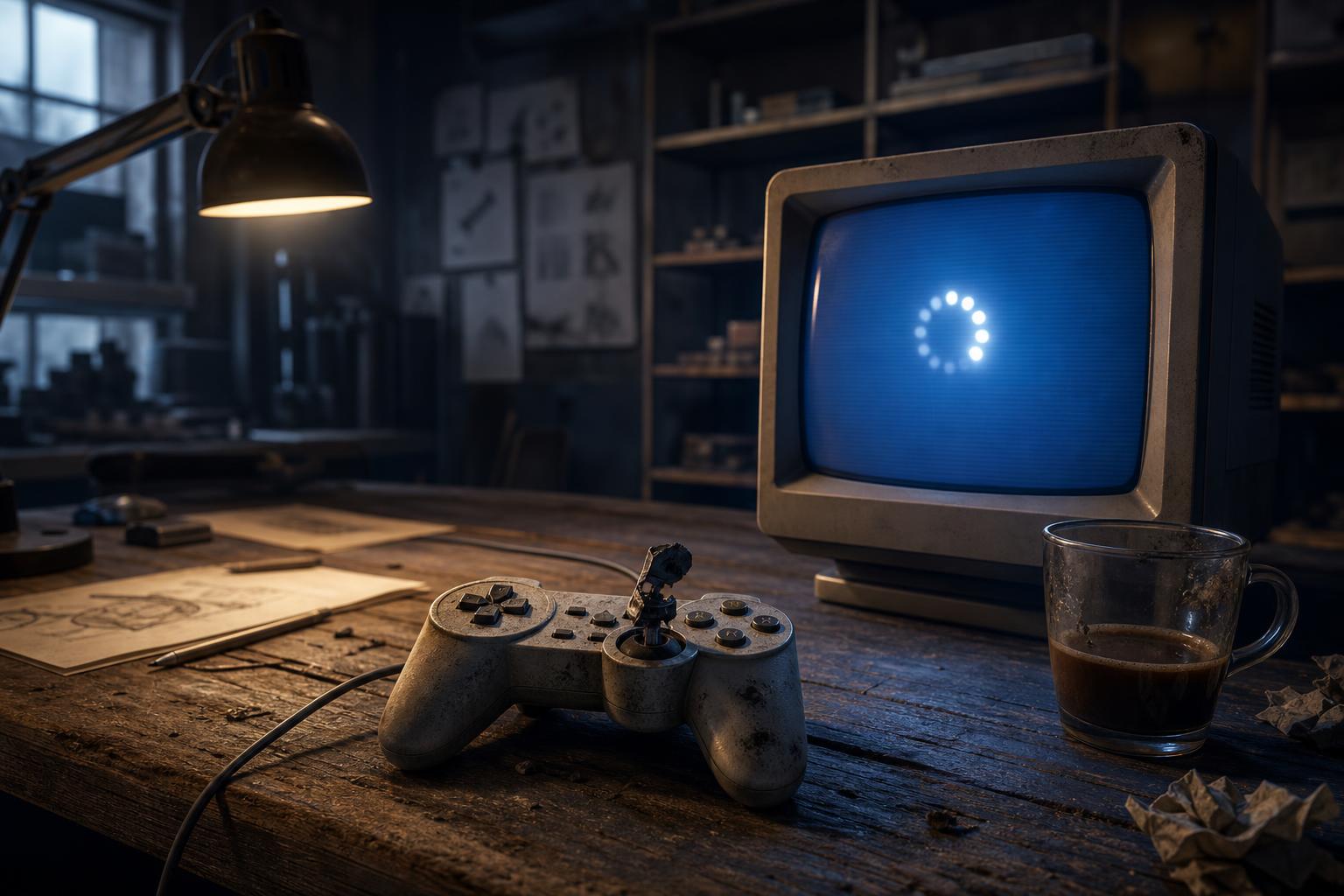 Ein abgenutzter Game-Controller mit gebrochenem Joystick liegt neben einem flackernden CRT-Monitor mit Ladekreis auf einem