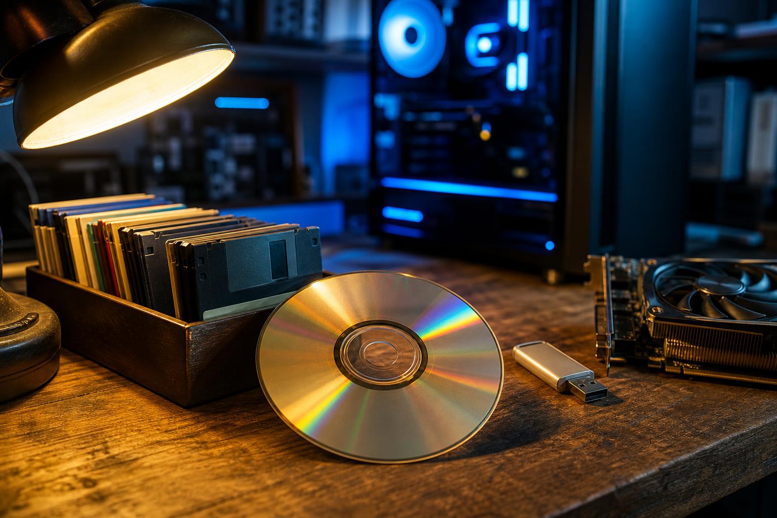 Ein Holzschreibtisch mit einer CD, Disketten, einem USB-Stick und einem Grafikkarten-Kühlkörper bei warmem Schreibtischlicht