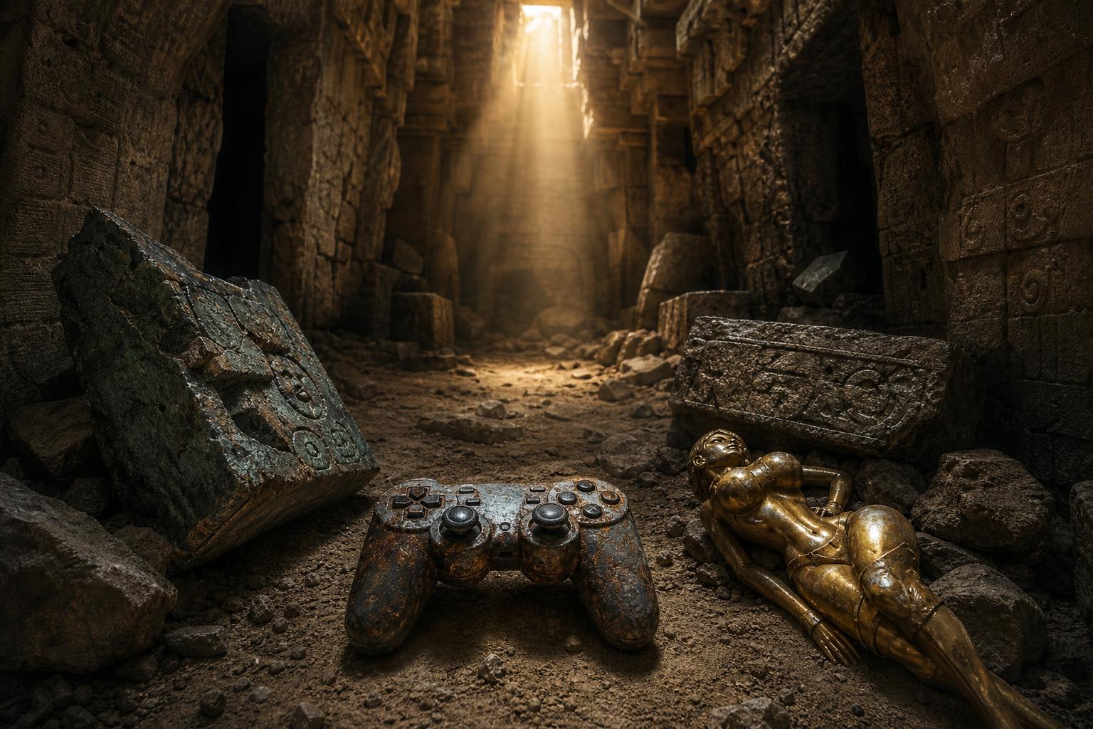 Ein verlassenes Maya-Grab mit einem verrosteten Gaming-Controller und einer vergoldeten Frauenfigur neben einem zerbrochenen