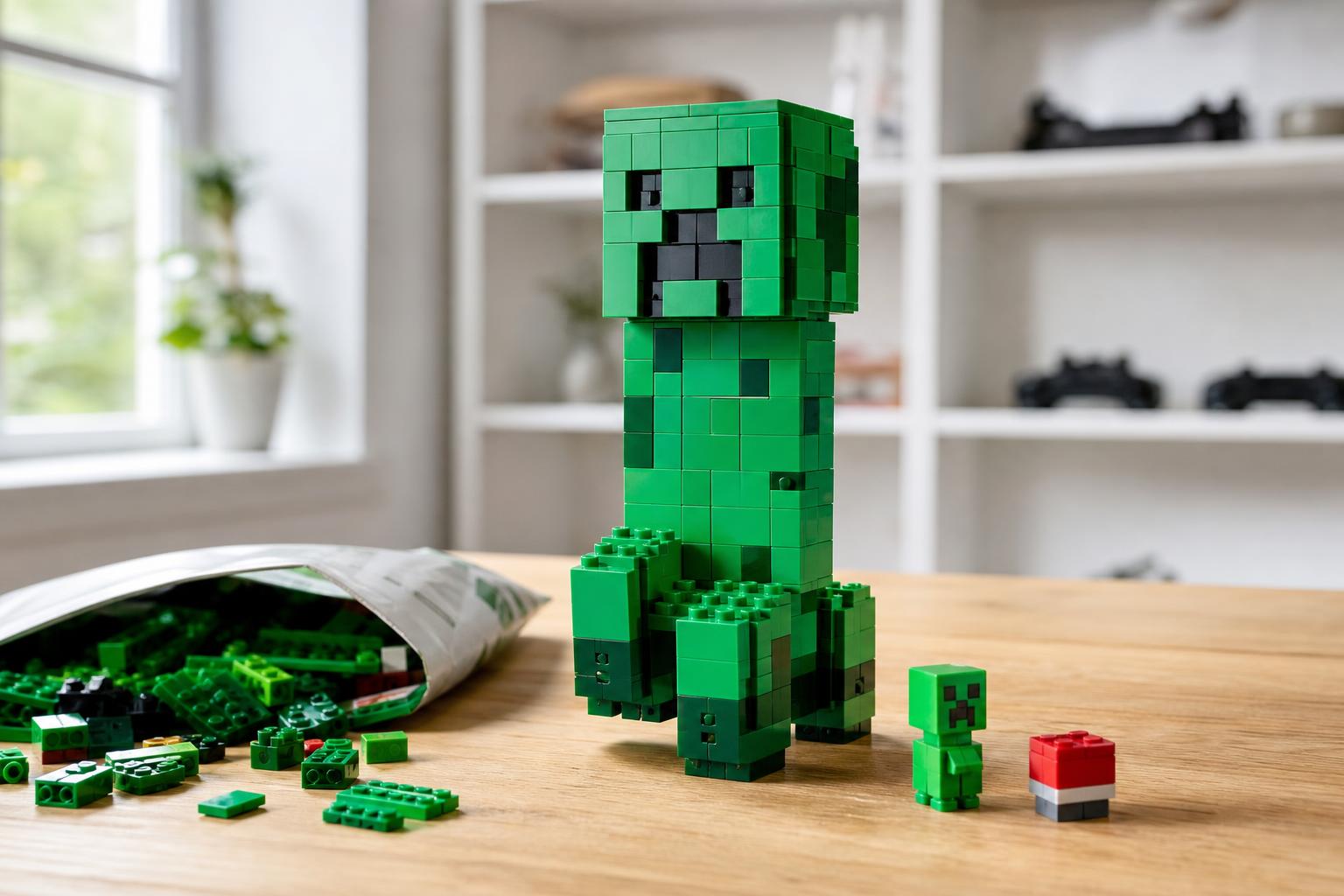 Ein grünes LEGO Creeper steht auf einem Tisch neben einem offenen Set, farbigen Bausteinen, einem roten TNT-Baustein und