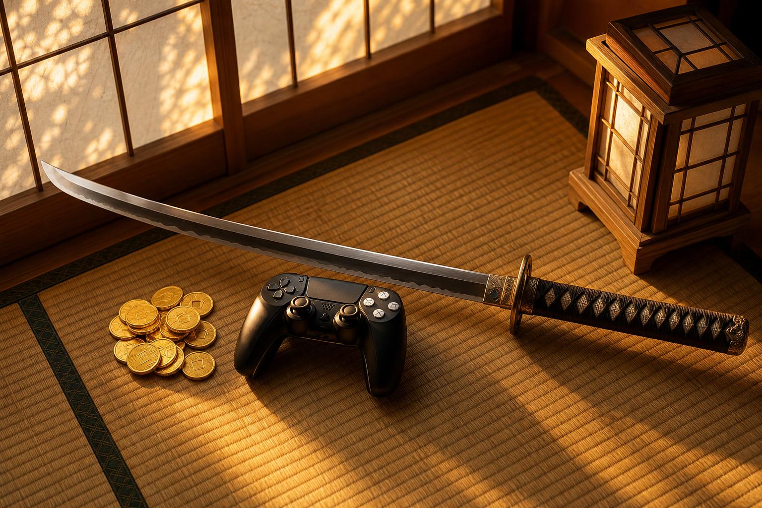 Ein kunstvoll geschnitzter Katana liegt über einem PS5-Controller auf einer Tatami-Matte, daneben liegen Goldmünzen und ein