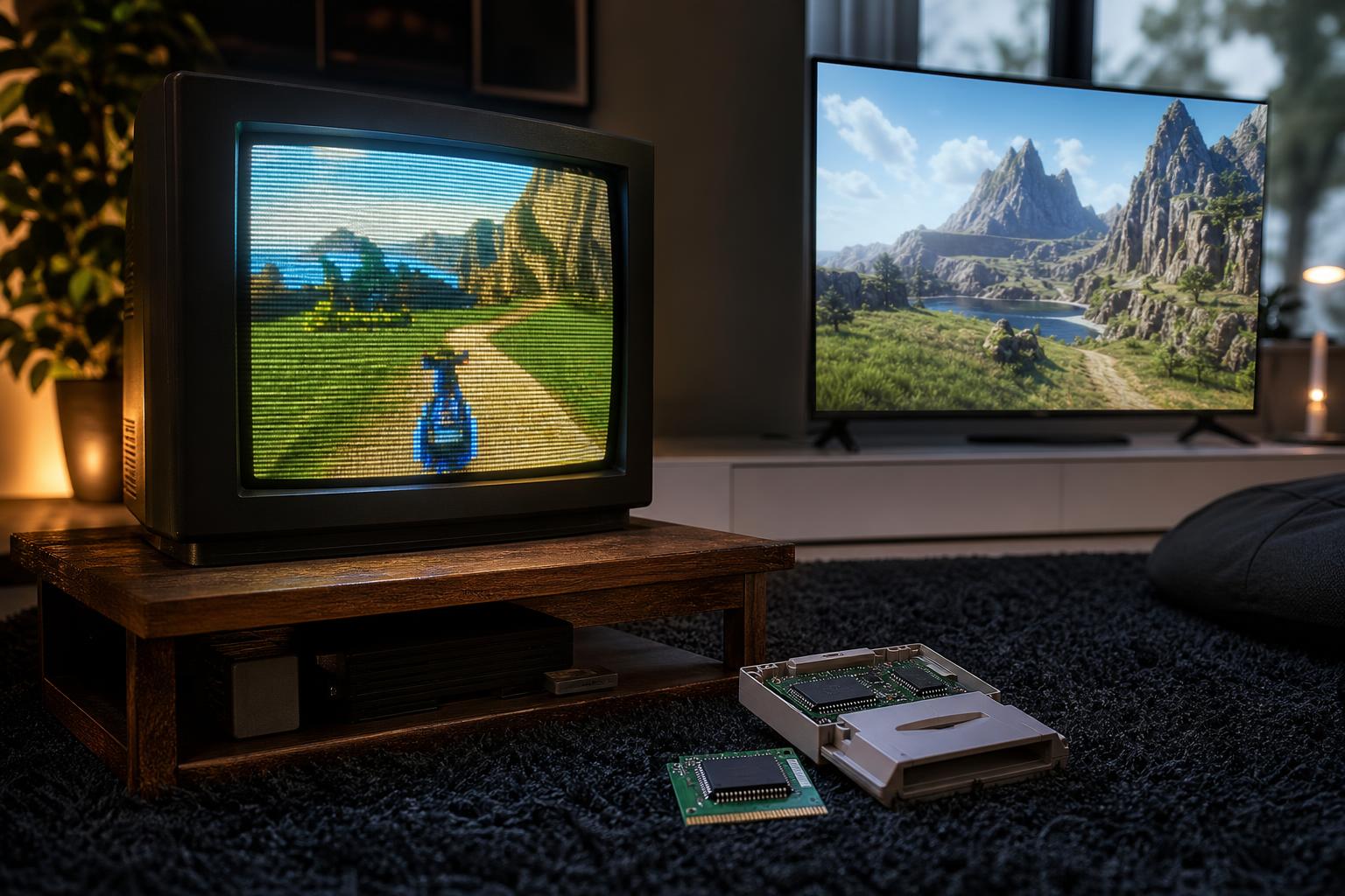 Ein alter CRT-Fernseher zeigt ein pixeliges 3D-Spiel neben einem modernen 4K-LCD-Bildschirm in einem Wohnzimmer mit dunklem