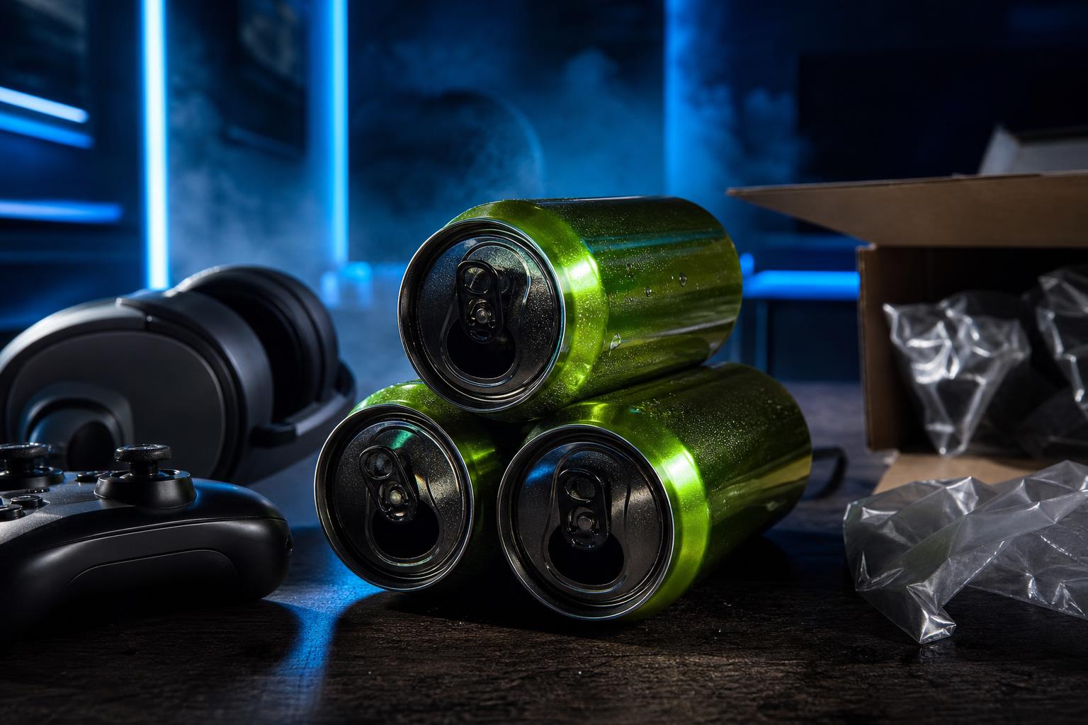 Drei grüne Energiedosen liegen auf einem Tisch mit einem Gaming-Controller und einem Headset im Hintergrund.