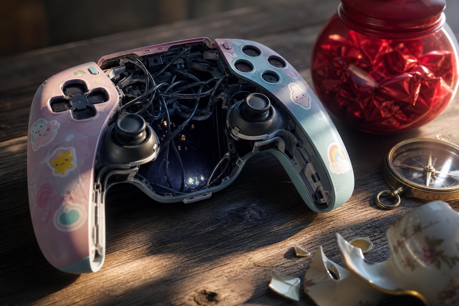 Ein aufgeschraubter Gaming-Controller mit fröhlichen Aufklebern liegt auf Holz neben einem roten Bonbonbehälter, einem