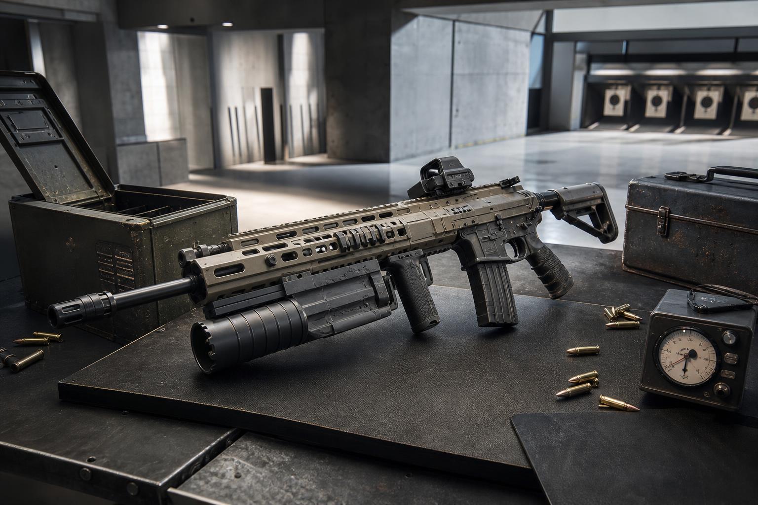 Ein HAN-86 Sturmgewehr mit Apex-Skybreaker-Modul liegt auf einem schwarzen Tisch in einem hell beleuchteten militärischen