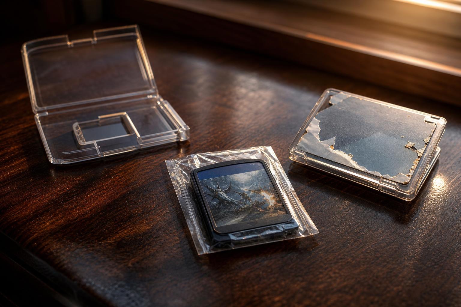 Drei PS-Vita-Game-Cards auf dunklem Holz: eine intakt, eine in geöffneter Schutzhülle, eine beschädigt und verblasst.