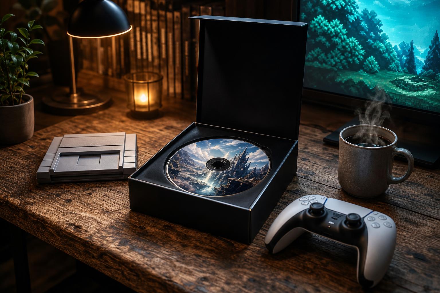 Ein geöffnetes Sammler-Edition-Box mit einem glänzenden Disc auf einem Holztisch neben einem PS5-Controller, SNES-Kartridge