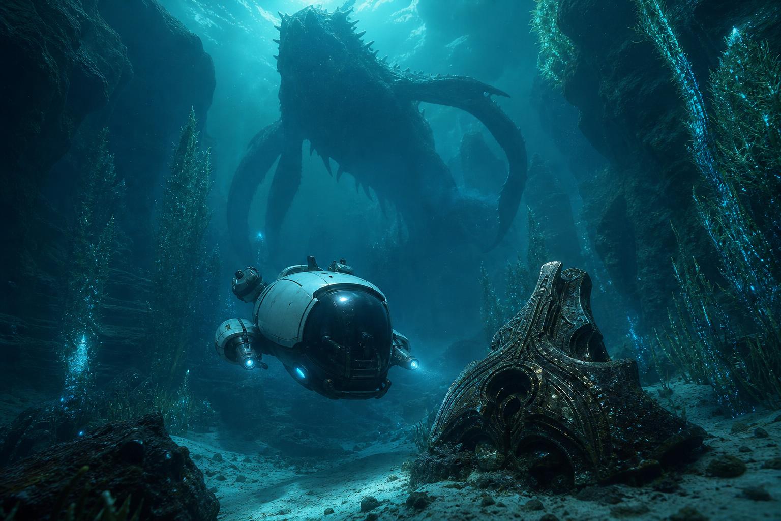 Ein riesiger Leviathan erhebt sich über einem futuristischen Unterwasserfahrzeug und einem alten Artefakt in einem tiefen,