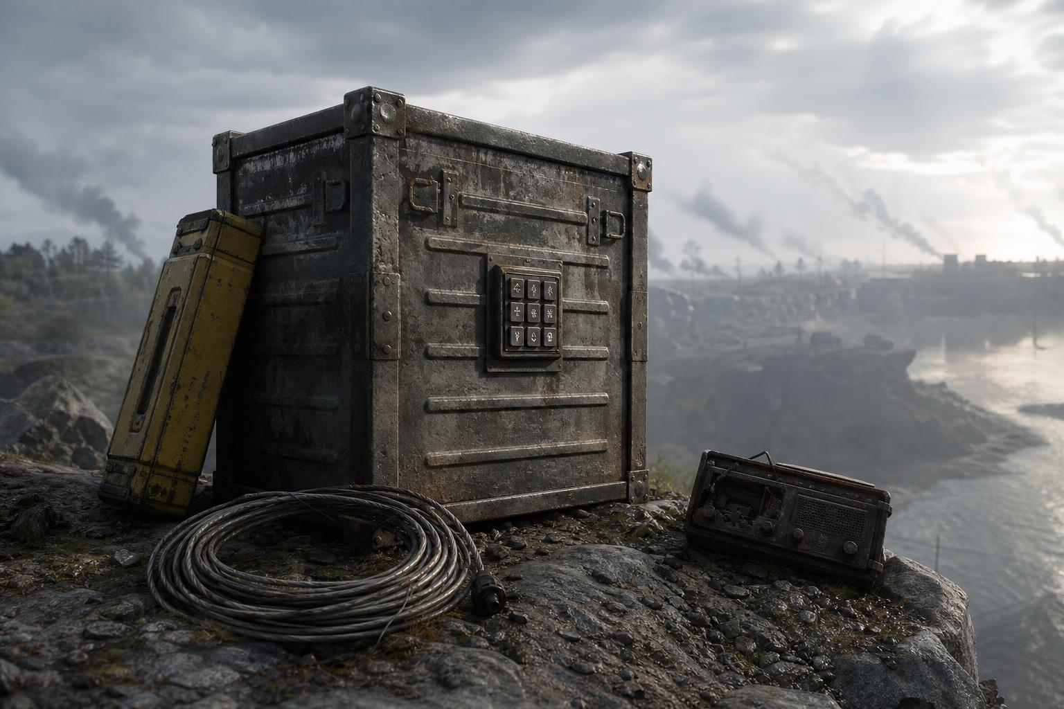 Ein verrosteter Stahlcontainer mit Tastenfeld auf einem felsigen Vorsprung, daneben liegen eine gelbe Munitionskiste, ein