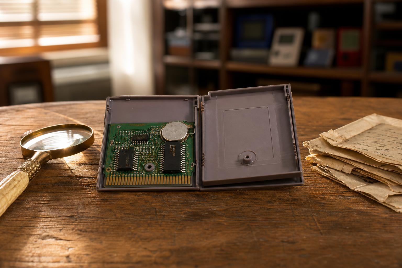 Ein geöffnetes Game-Boy-Cartridge liegt auf einem alten Holztisch neben einem vergrößernden Glasstab und vergilbten