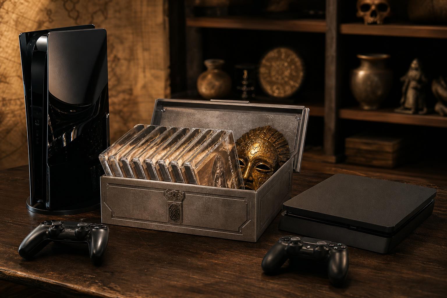 Ein geöffneter Tomb Raider Sammler-Kasten mit sieben Disc-Hüllen und einer goldenen Maske liegt auf einem Holztisch zwischen