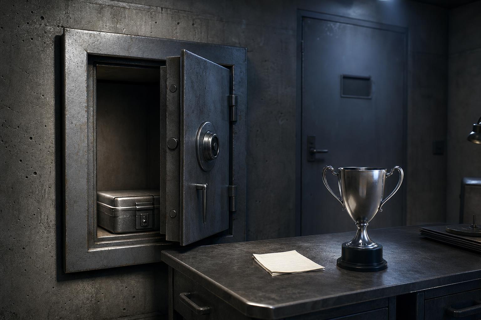 Ein geoffneter Tresor mit einer Metallkassette, eine silberne Trophäe auf einem Podest und ein Schreibtisch mit einem