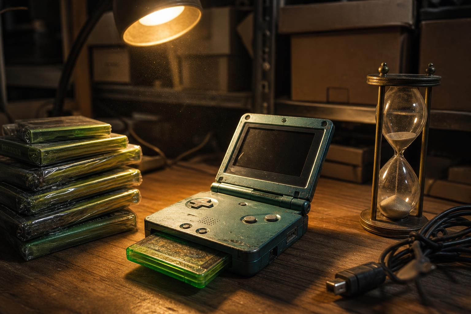 Ein abgenutztes Handheld-Gerät mit herausragender Spielkarte liegt neben einer antiken Sanduhr und ungeöffneten