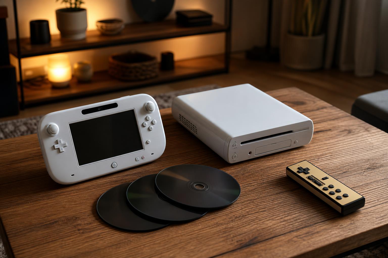 Eine weiße Wii U-Konsole mit Tablet-Controller und drei schwarzen Discs auf einem Holztisch in einem gemütlich beleuchteten