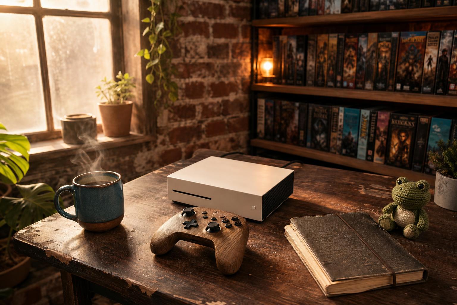 Ein minimalistischer Gaming-Controller aus Holz liegt neben einer weißen Konsole auf einem Tisch, umgeben von einem
